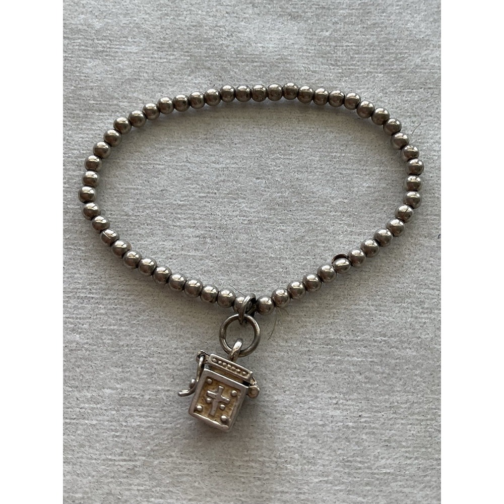 Vintage Sterling Silver Beaded Stretch Bracelet Prayer Box Charm 925 Estate